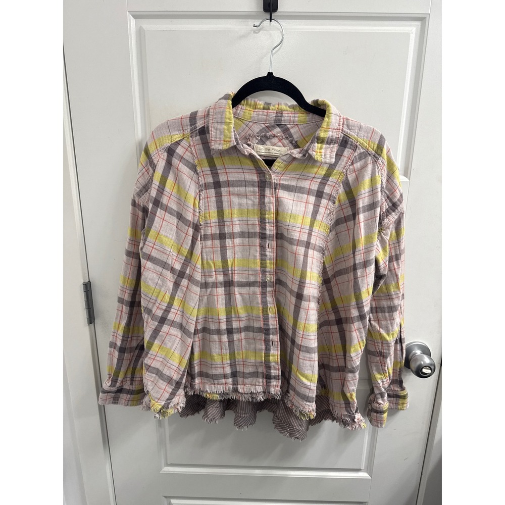 Free People We The Free Plaid‎ Frayed Hem Button Down Shirt Yellow Grey XS